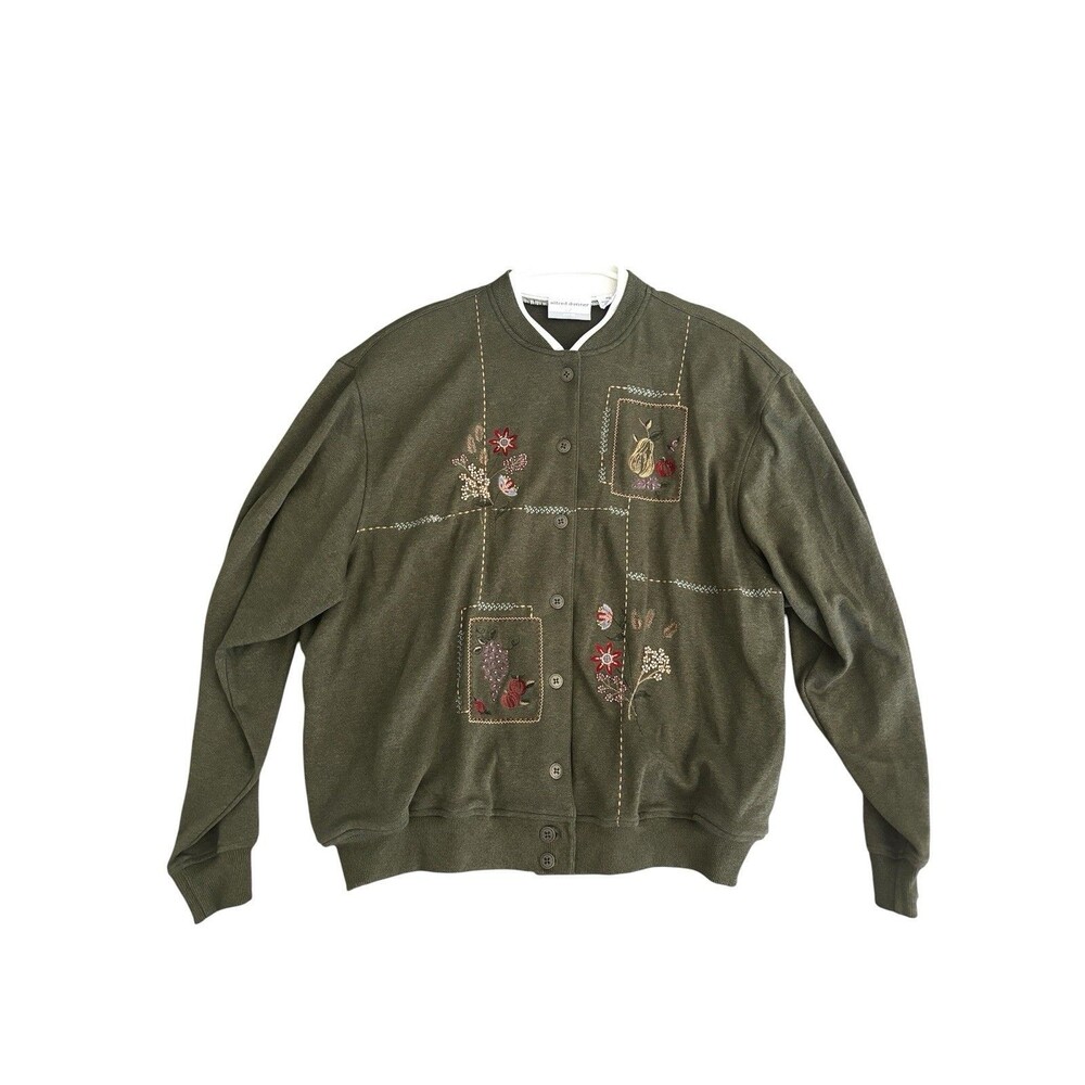 Alfred Dunner Flower Fruit Embroidery Cottagecore Button Fleece Cardigan PXL